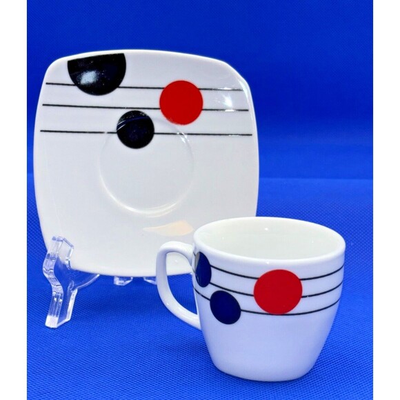 VTG Arcopal France MCM Espresso Cup & Saucer, Black, Red White Music Note Design - Picture 1 of 8